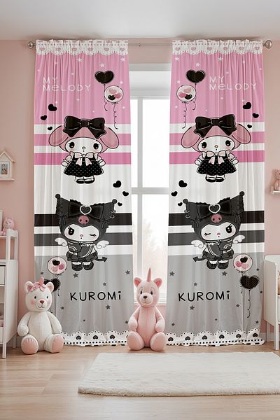 EVPANYA Striped My Melody and Kuromi Patterned Children's Baby Room Background Curtain (Single Wing Pricing)