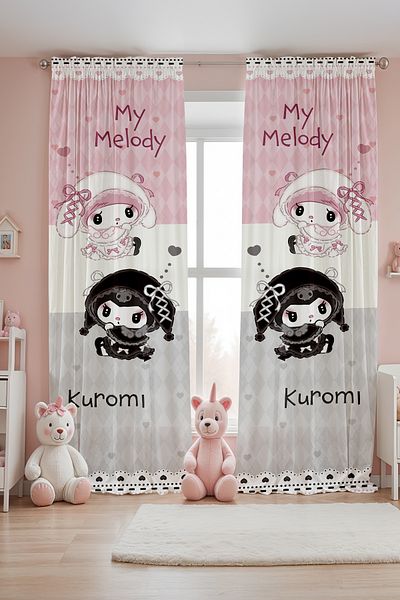 EVPANYA Pink Gray Hearts Kuromi and My Melody Patterned Children's Baby Room Background Curtain (Single Wing Pricing)