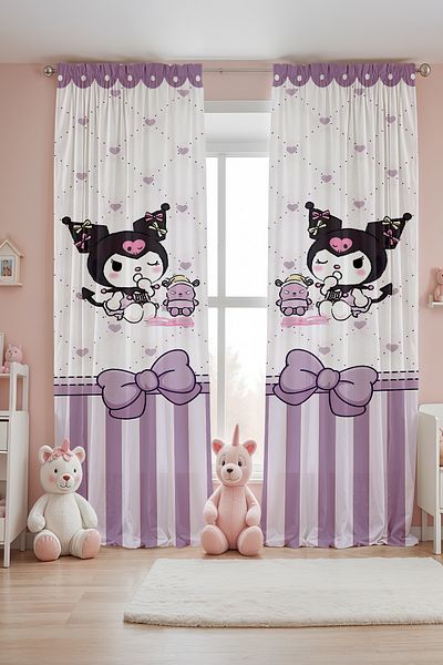 EVPANYA Purple Bow Sleepy Kuromi Patterned Children's Baby Room Background Curtain (Single Wing Pricing)