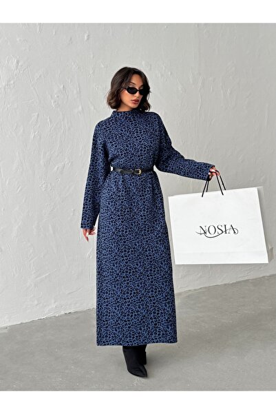 Nosia Kadın Balıkçı Yaka Leopar Desenli Maxi Boy Triko Elbise
