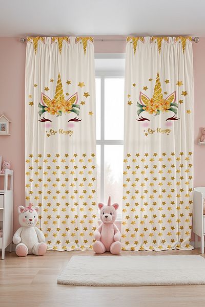 EVPANYA Gold Unicorn Crown Patterned Children's Baby Room Background Curtain (Single Wing Pricing)