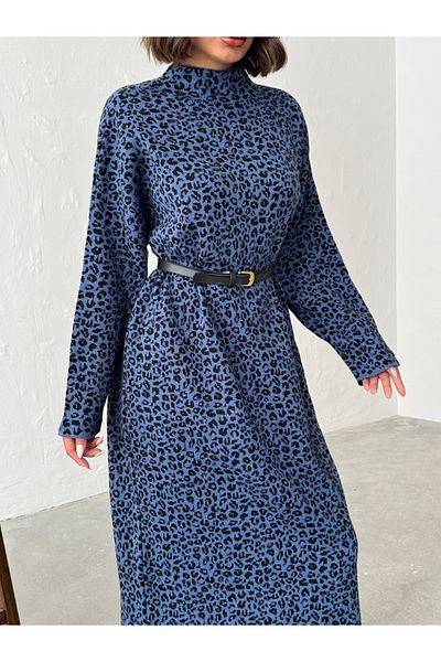 Nosia Women's Turtleneck Leopard Patterned Maxi Size Knitwear Dress