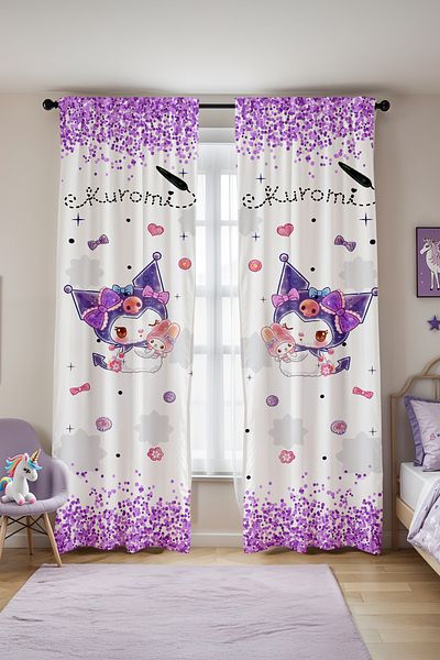 EVPANYA Purple Glitter and Cute Kuromi Patterned Children's Baby Room Background Curtain (Single Wing Pricing)