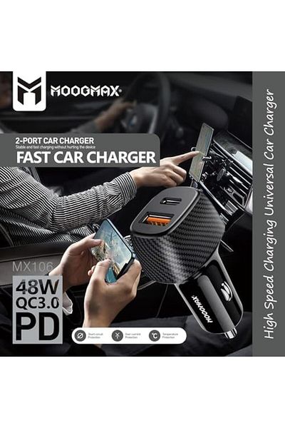 MOOGMAX Car Charger Type C - (48W) Dual Ports – 1 x Type-C PD & 1 USB QC3.0 Quick Charge - Car Power Adapt