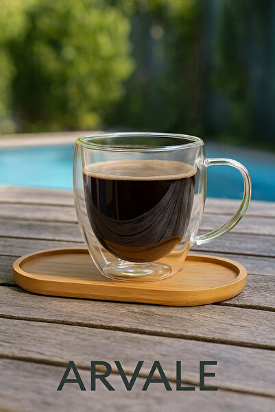 ARVALE Kahve Keyfi Set - Bambu Oval Sunumluk Ve 250 ML Çift Cidarlı Kupa Kahve Ve Çay Kupası Bardak