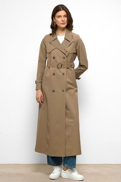 Olcay Water Repellent Double Breasted Long Trench Coat with Cape Detail Mink 6761