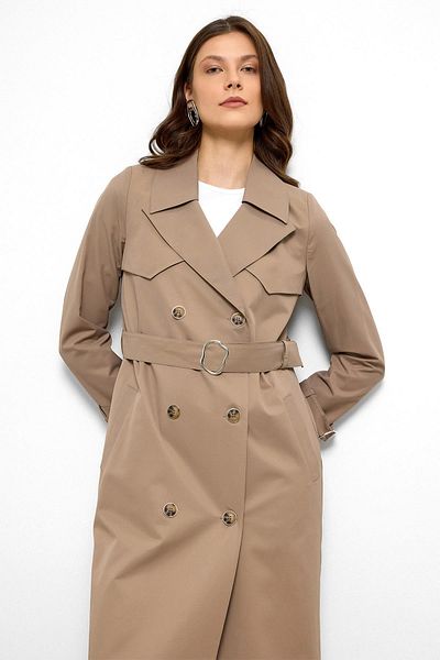 Olcay Water Repellent Double Breasted Long Trench Coat with Cape Detail S.Brown 6761