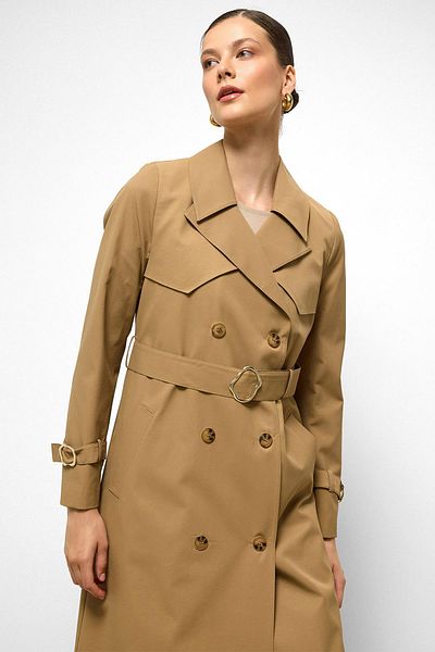 Olcay Water Repellent Double Breasted Long Trench Coat with Cape Detail Kamel 6761