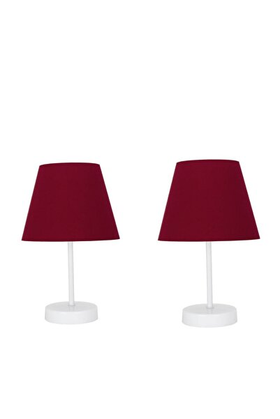 Semboldekor 2 Stylish Table Lamps with White Legs and Burgundy Hats