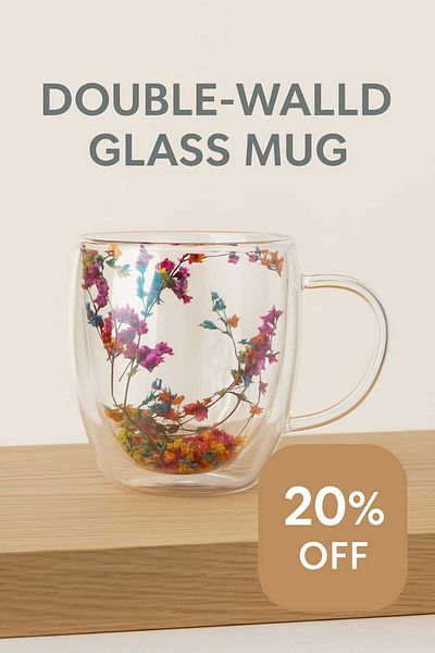 ماركة غير محددة Double-walled glass cup with a unique dried flower design