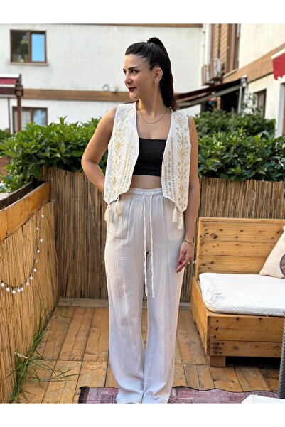 nidistore Beige Women's Muslin Fabric Embroidered Vest Lace-Up Trousers Set