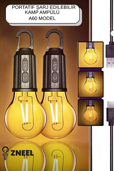 ZNEEL (2 Adet)A60 Model Portatif Kamp Ampulü – Şarjlı, Kancalı, 3 Kademe Işık...