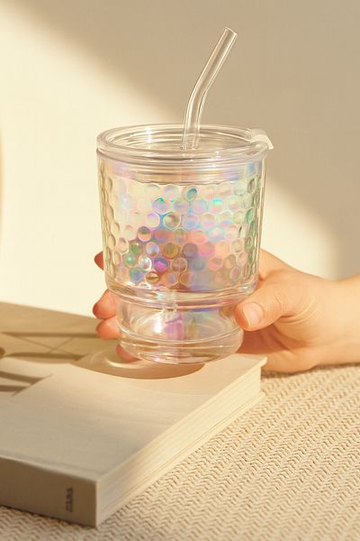 Anadolu Saray Heat Resistant Borosilicate Rainbow Style Cup with Straw| Rainbow Coffee Presentation Cup