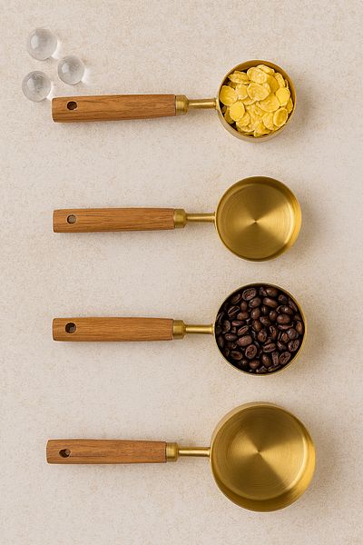 Anadolu Saray 4 Pieces Large Size Stainless Steel Wooden Handle Measuring Spoon Set 4 Measuring Cups 60ml 80ml 125ml 250ml