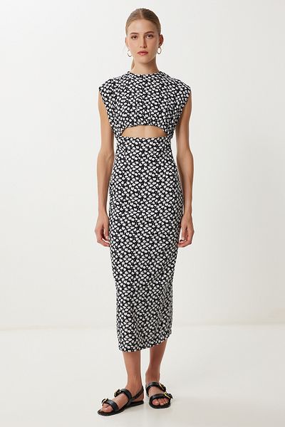Lovelyİstanbul Patterned Cut Out Detailed Viscose Dress Ldp0073 Black White
