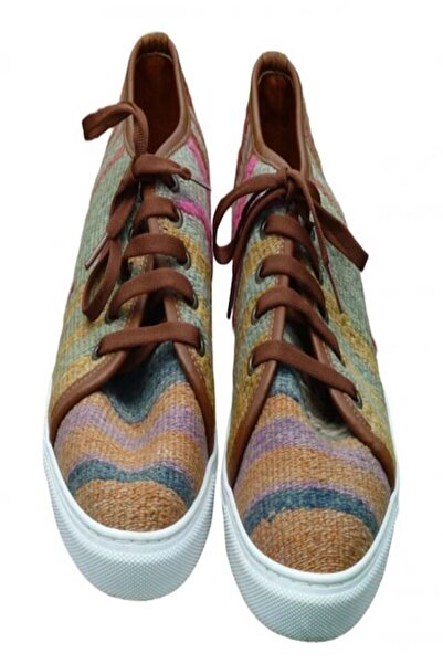 Anatolia Pantofi Kaan piele si material textil, cusuti si brodati manual, Maro multicolor, 44