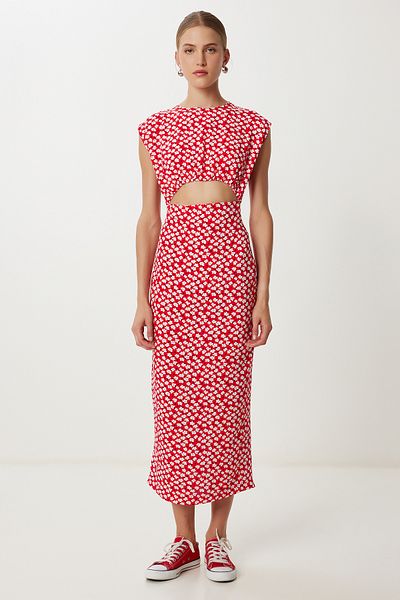 Lovelyİstanbul Patterned Cut Out Detailed Viscose Dress Ldp0073 Red White