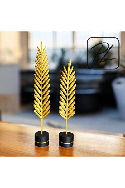 PL DİZAYN 2'li Gold Yaprak Biblo Seti Dekoratif Salon Masa Süsü Heykel 28cm