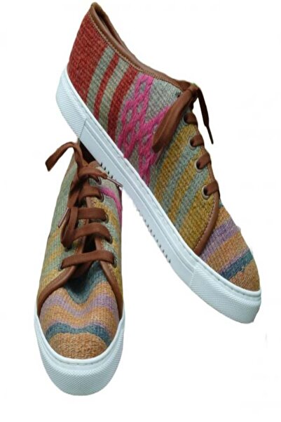 Anatolia Pantofi Kaan piele si material textil, cusuti si brodati manual, Maro multicolor, 44