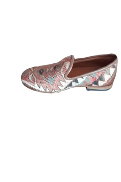 Anatolia Pantofi Sultan, piele și material textil cusute și brodate manual, maro deschis, mărimea 42