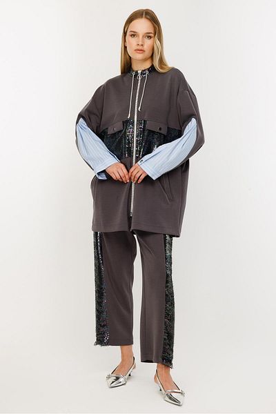 Ghisa Sequin Fabric Mixed Suit Thick Striped Gray