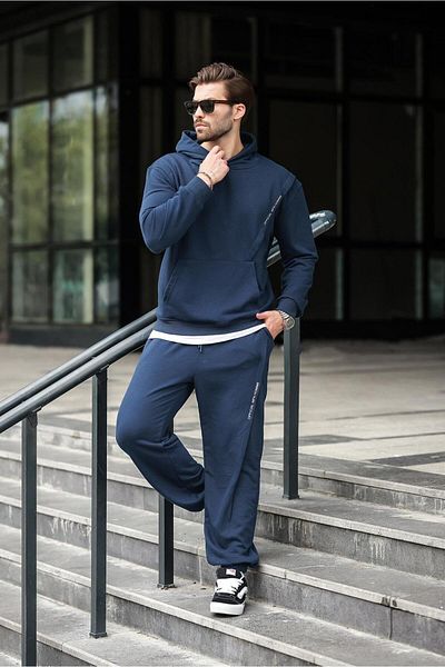 Madmext Navy Blue Hooded Kangaroo Pocket Men's Tracksuit Set E7325