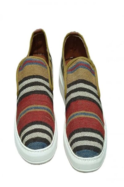 Anatolia Pantofi Emir piele si material textil, cusuti si brodati manual, Maro multicolor, 40