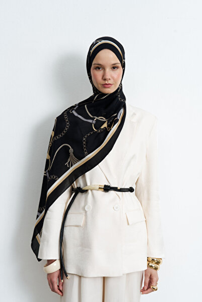 bow collect %100 İpek Kemer ve Zincir Desenli Bordo Şal