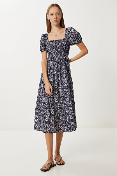 Lovelyİstanbul Φόρεμα με μοτίβο με μανίκια με μπαλόνι LFG0094 ΣΚΟΥΡΟ ΜΠΛΕ ΕΚΡΟΥ