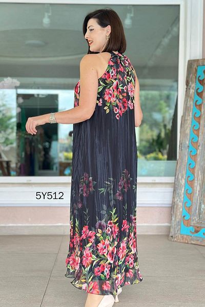 İnce Topuk Halter Neck Pleated Chiffon Dress 5Y512