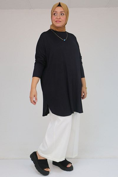 Eslina 38111 Plus Size Basic Combed Cotton Tunic - Dark Navy Blue