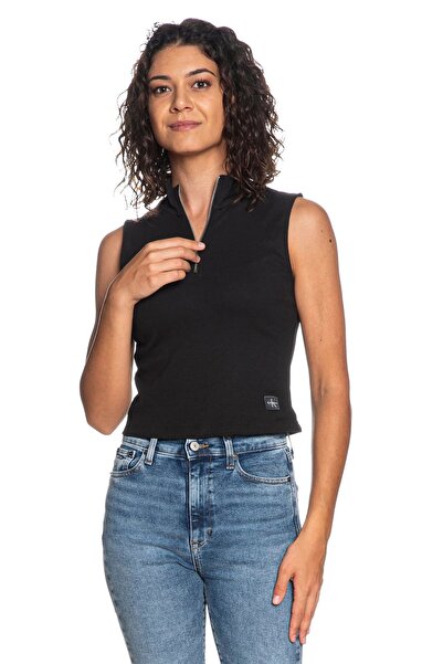 Calvin Klein Kadın Dik Yaka Yarım Fermuarlı Fitilli Top T-Shirt - Siyah