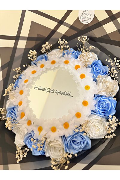 Çiçek Aynalı gül buketi bebe mavisi beyaz söz nişan isteme özel gün hediye