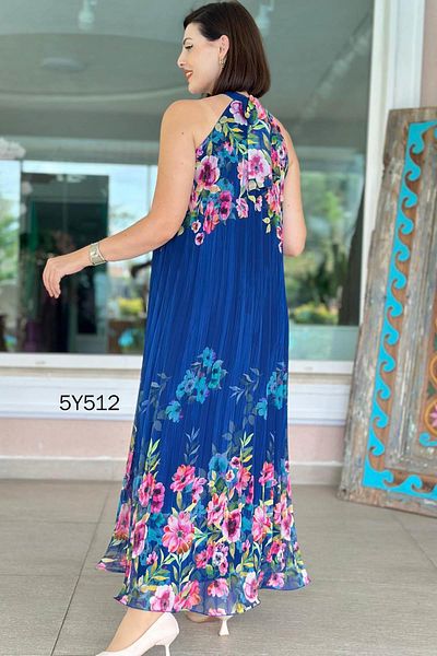 İnce Topuk Halter Neck Pleated Chiffon Dress 5Y512
