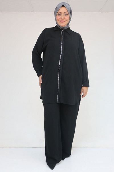 Eslina 57036 Plus Size Crepe Sleeve Cuff Pants Suit - Black