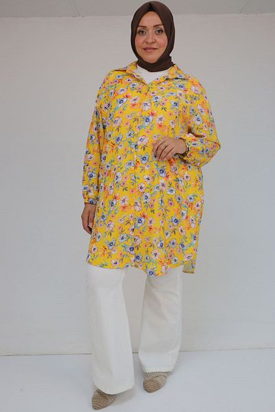 Eslina 58052 Large Size Men's Collared Jesica Shirt Tunic - Magnolia Pattern Mustard