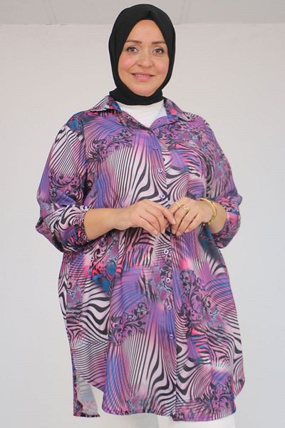 Eslina 58052 Large Size Men's Collared Jesica Shirt Tunic - Zebra Pattern Purple
