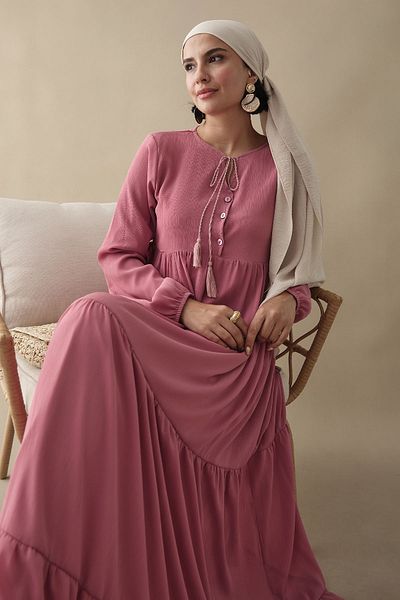 InStyle Yoryo Pink Chiffon Dress with Lace-Up Collar