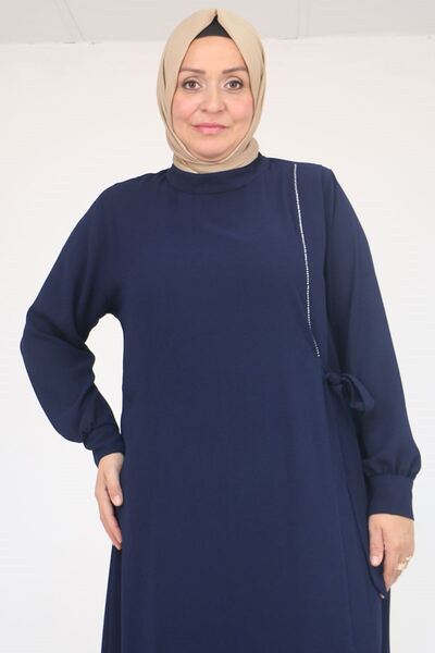 Eslina 52015 Plus Size Crepe Dress with Stone Detail - Navy Blue
