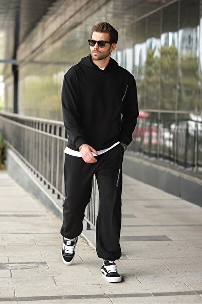 Madmext Siyah Kapüşonlu Kanguru Cep Erkek Eşofman Takımı E7325