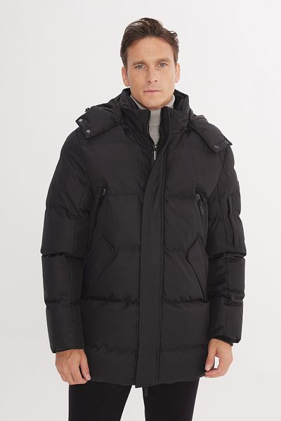 ALTINYILDIZ CLASSICS Men's Black Standard Fit Regular Cut Hooded Collar Quilted Patterned Coat with Thermometer