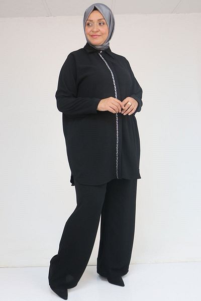 Eslina 57036 Plus Size Crepe Sleeve Cuff Pants Suit - Black