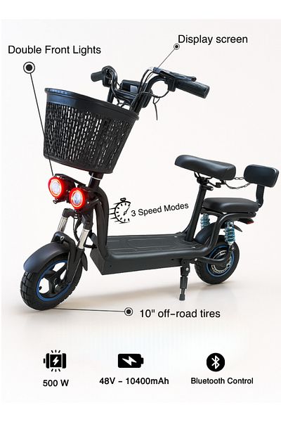 niyazi toys 500W 48V Folding Electric Scooter with 2 Seats, Storage Basket, Front and Rear Lights