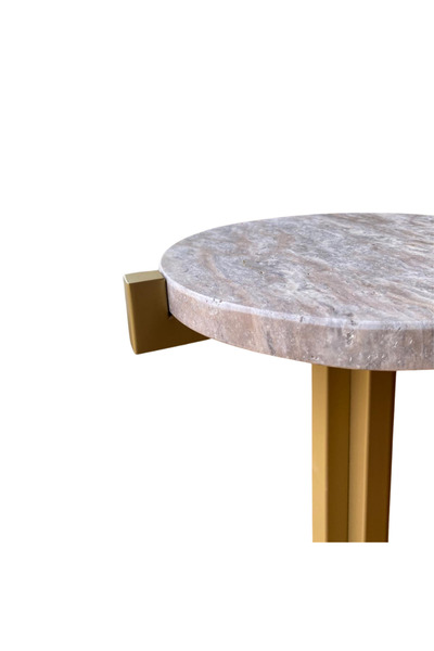 Bej Marble & Design Traverten Mermer Yan Sehpa - Gold Boyalı Ayak