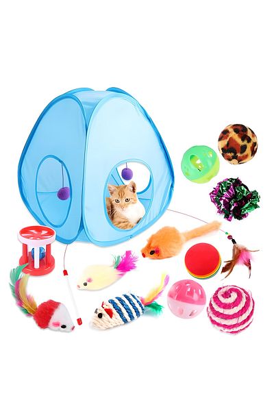 COOYA 13-Piece Folding Cat Tent, Indoor Interactive Play Area with Feather Toys for Kitty Kitten