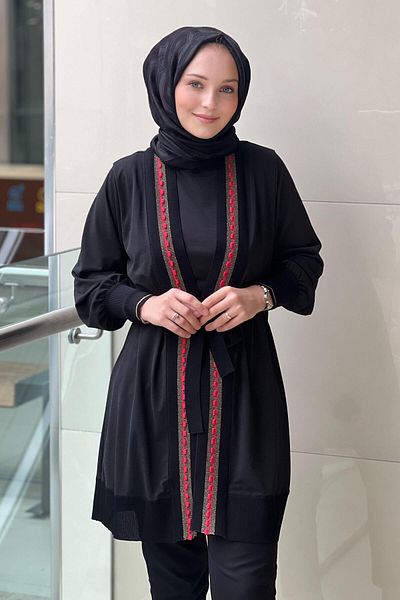 Ghisa Knitwear Rib Detail Belted Inner Outer Double Set