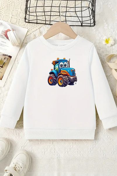 VBSVİBES Unisex White Kids Crew Neck Sweatshirt – Tractor, Printed Thick Fabric