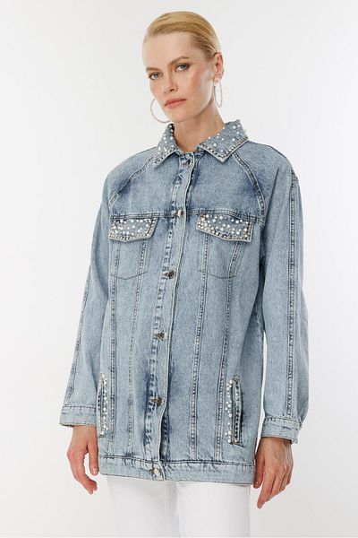 Ghisa Pearl Embroidery Detailed Denim Jacket Blue