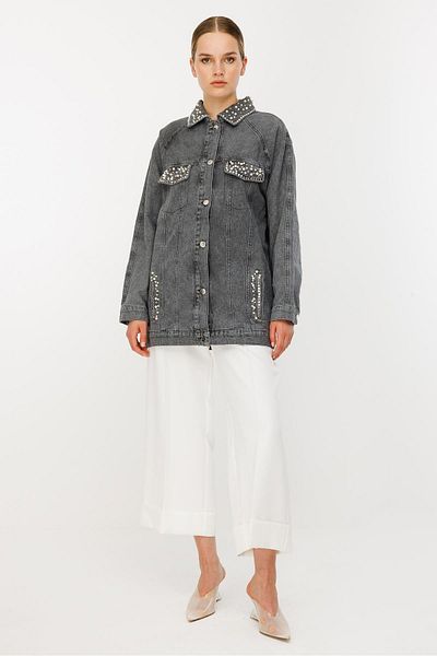 Ghisa Pearl Embroidery Detailed Denim Jacket Gray