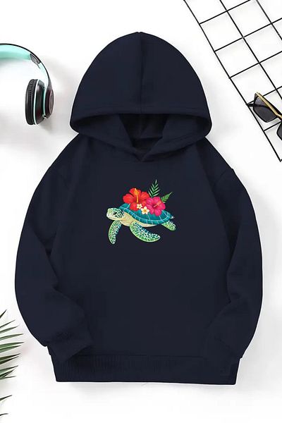 CLAYES Unisex Navy Blue Παιδικό φούτερ με κουκούλα – Tortoise, Χοντρό ύφασμα με στάμπα
